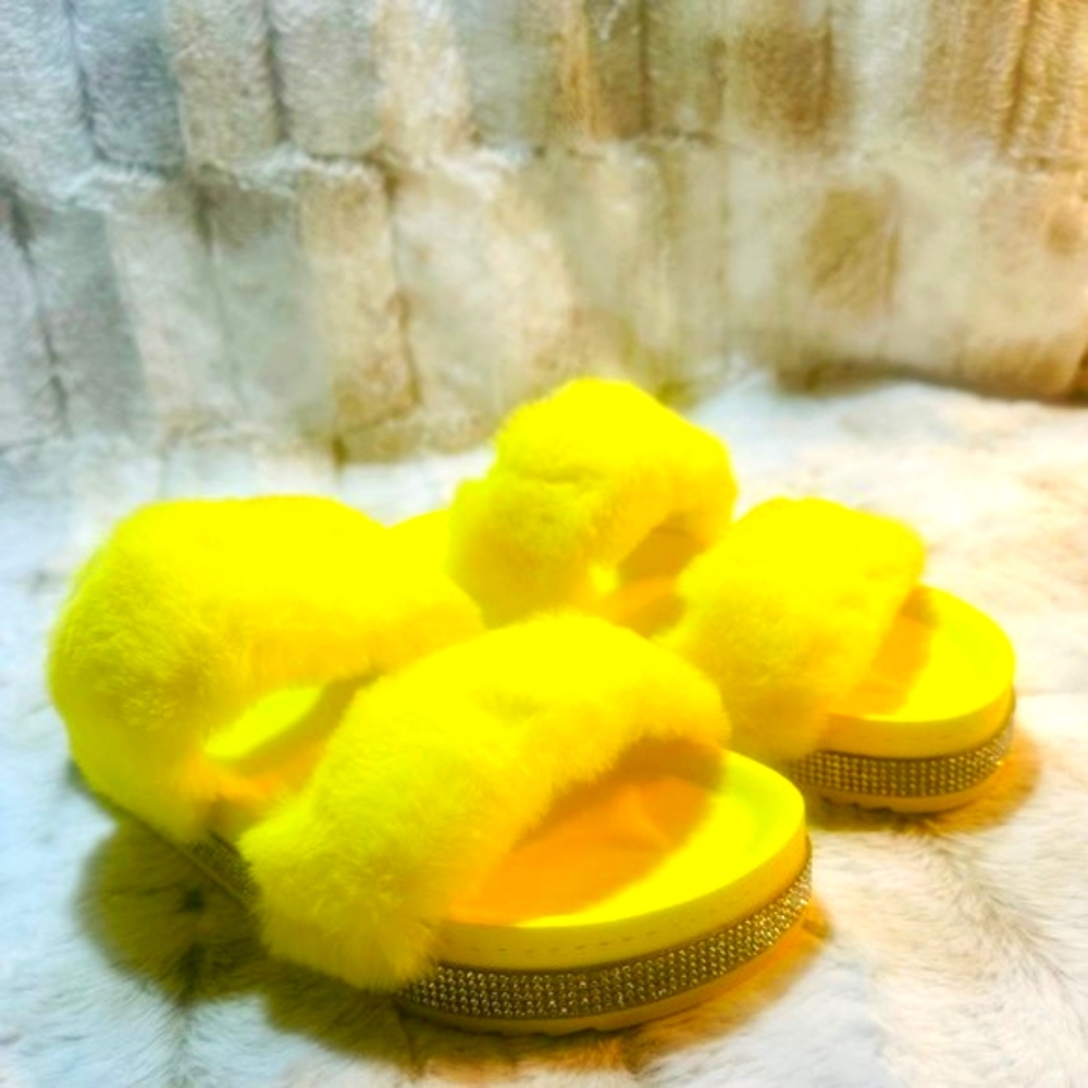 * Mata Yellow Faux Fur Furry Double Strap Slide In Sandals